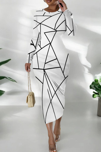 White Casual Print Patchwork O Neck Wrapped Skirt Dresses