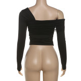 Grey Long Sleeve Asymmetrical Collar Ruched Crop Tops