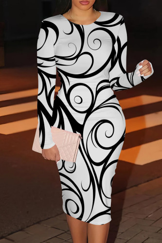Black And White Casual Graphics Print O Neck Long Sleeve Wrapped Skirt Bodycon Midi Dresses