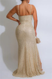 Apricot Sequins Sleeveless Backless Side Slit Spaghetti Strap Long Formal Evening Party Ruched Bodycon Maxi Slip Dresses