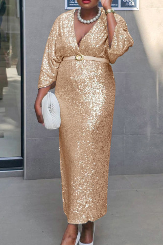Rose Gold Deep V Neck Long Sleeve With Belt Long Beautiful Flare Formal Evening Party Bodycon Maxi Dresses