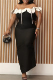 Black Sleeveless Fringed Trim Slit Bow Decor Off Shoulder Long Formal Evening Party Bodycon Maxi Dresses