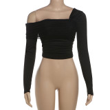 Grey Long Sleeve Asymmetrical Collar Ruched Crop Tops
