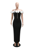 Black Sleeveless Fringed Trim Slit Bow Decor Off Shoulder Long Formal Evening Party Bodycon Maxi Dresses