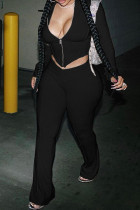 Black Casual Zipper Collar Long Sleeve Crop Jackets And Sweatpants Sportwear Two Pieces Jogger Sets