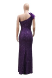 Red Sequins Feathers Oblique Collar Long Sleeve Formal Evening Party Long Bodycon Maxi Dresses
