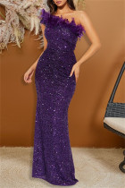 Purple Sequins Feathers Oblique Collar Long Sleeve Formal Evening Party Long Bodycon Maxi Dresses