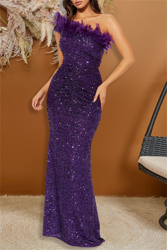 Purple Sequins Feathers Oblique Collar Long Sleeve Formal Evening Party Long Bodycon Maxi Dresses