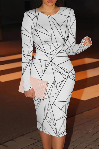 Gray White Casual Graphics Print O Neck Long Sleeve Wrapped Skirt Bodycon Midi Dresses