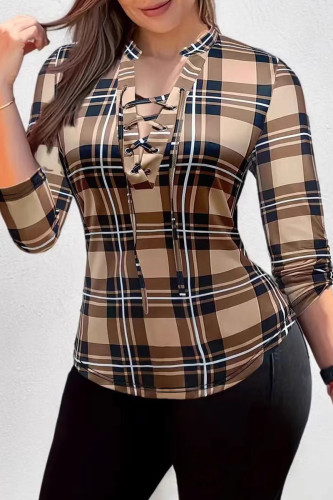 Dark Brown Casual Plaid Print V Neck Long Sleeve Hollow Out Plus Size Tops