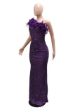 Red Sequins Feathers Oblique Collar Long Sleeve Formal Evening Party Long Bodycon Maxi Dresses