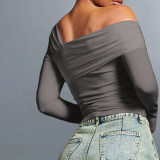 Grey Long Sleeve Asymmetrical Collar Ruched Crop Tops
