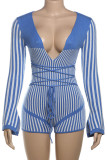 Khaki Deep V Neck Long Sleeve Cross Straps Skinny Rompers One Piece Bodysuit