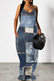 Sky Blue Casual Graphics Print Sleeveless Spaghetti Strap Floor Length Pocket Maxi Slip Dresses