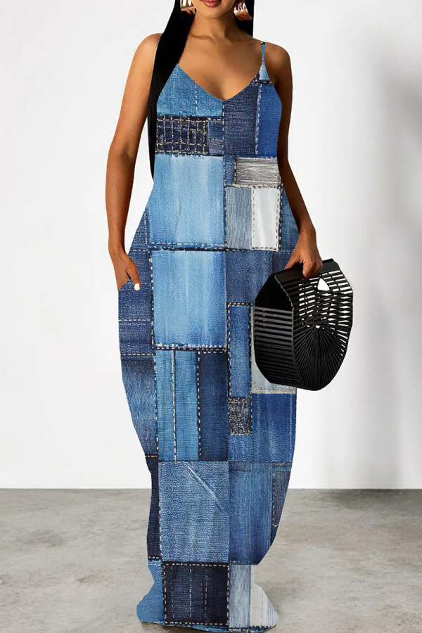 Sky Blue Casual Graphics Print Sleeveless Spaghetti Strap Floor Length Pocket Maxi Slip Dresses