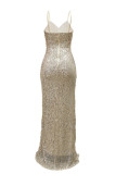 Apricot Sequins Sleeveless Backless Side Slit Spaghetti Strap Long Formal Evening Party Ruched Bodycon Maxi Slip Dresses