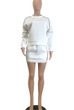 White Casual O Neck Long Sleeve Pocket Sweatshirt And Mini Skirt Sportwear Two Pieces Jogger Sets