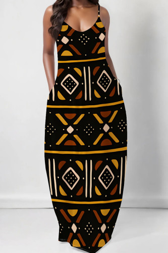 Black Yellow Casual Geometric Print Backless Spaghetti Strap Floor Length Vacation Baggy Sundress Slip Maxi Dress