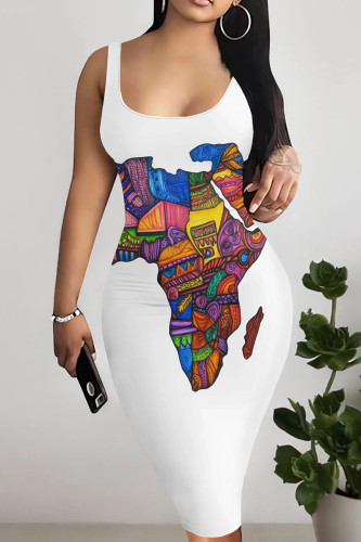 Multicolor Casual Graphics Print Sleeveless U Neck Wrapped Skirt Vacation Bodycon Midi Tank Dress