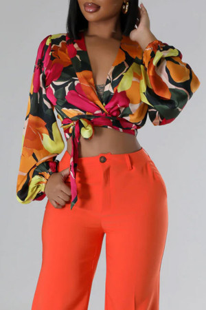 Red Casual Floral Print V Neck Long Sleeve Strap Design Front Tie Crop Blouse