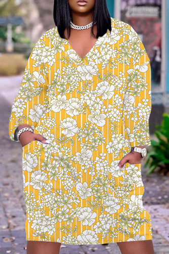Light Yellow Casual Graphic Print V Neck Long Sleeve Casual Outing Straight Loose Midi Dress