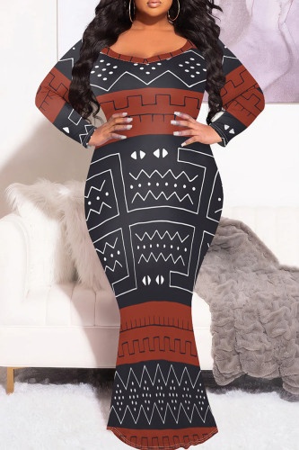 Red Gray Graphics Print O Neck Long Sleeve Fishtail Hem Plus Size Bodycon Maxi Dresses
