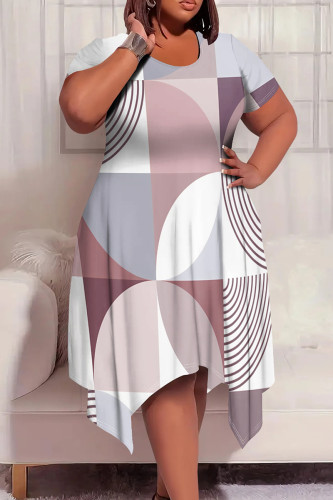 Gray Purple Casual Boho Graphics Print Pocket O Neck Short Sleeve Irregular Hem Plus Size Midi T-shirt Dresses