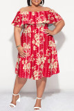Black Floral Print Flutter Sleeve Off Shoulder Backless Vacation A Line Plus Size Midi Dresses