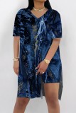 Blue Apricot Casual Abstract Colorblock Print Slit V Neck Long Sleeve T-shirt and Skinny Shorts Two Pieces Matching Sets