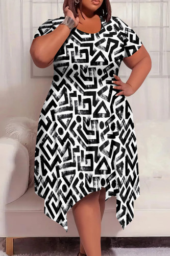 White Black Casual Boho Graphics Print Pocket O Neck Short Sleeve Irregular Hem Plus Size Midi T-shirt Dresses