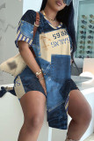 Blue Apricot Casual Abstract Colorblock Print Slit V Neck Long Sleeve T-shirt and Skinny Shorts Two Pieces Matching Sets