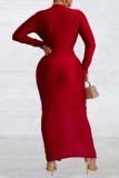 Burgundy Casual Deep V Neck Long Sleeve Front Slit Ruched Formal Evening Party Bodycon Maxi Dresses