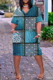 Multicolor Casual Graphic Print V Neck Short Sleeve Casual Outing Straight Loose T Shirt Midi Dress