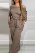 Camel Casual Off Shoulder Long Sleeve Pocket Loose Sportwear Wide Leg Jumpsuits