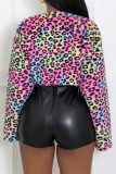 Colour Casual Leopard Print Cardigan Collar Long Sleeve Pocket Cheetah Glitter Plush Fur Jacket And Shorts Two Piece Shorts Sets