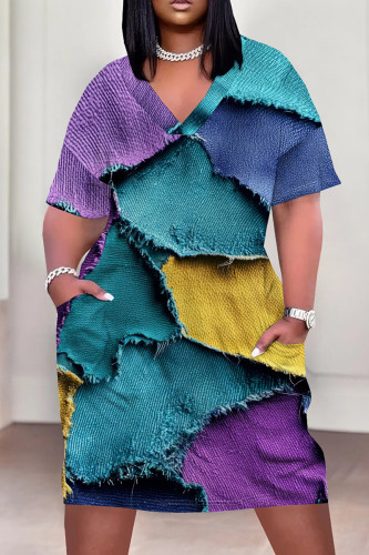 Blue Purple Casual Graphics Print Basic V Neck Short Sleeve Pockets Plus Size T-shirt Midi Dresses