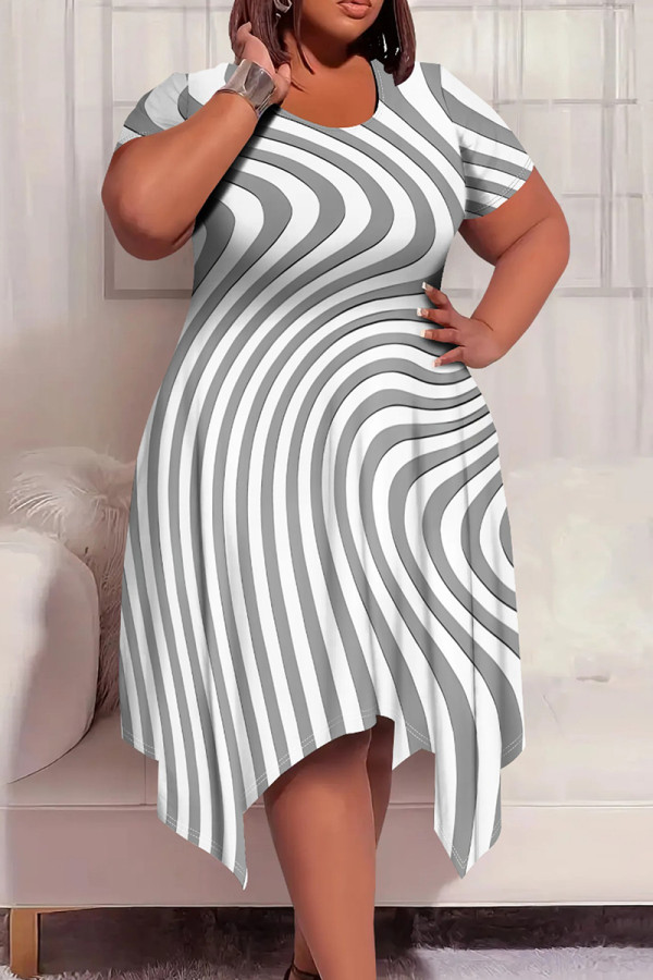 Gray White Casual Boho Graphics Print Pocket O Neck Short Sleeve Irregular Hem Plus Size Midi T-shirt Dresses