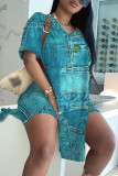 Blue Apricot Casual Abstract Colorblock Print Slit V Neck Long Sleeve T-shirt and Skinny Shorts Two Pieces Matching Sets