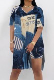 Blue Apricot Casual Abstract Colorblock Print Slit V Neck Long Sleeve T-shirt and Skinny Shorts Two Pieces Matching Sets