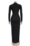 Burgundy Casual Deep V Neck Long Sleeve Front Slit Ruched Formal Evening Party Bodycon Maxi Dresses
