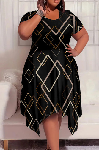 Black Casual Boho Graphics Print Pocket O Neck Short Sleeve Irregular Hem Plus Size Midi T-shirt Dresses