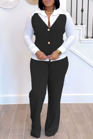 Black POLO collar Long Sleeve Buttons Blouse And Straight Leg Pants Formal Office Lady Two Pieces Trouser Sets