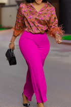 Rose Red Casual Floral Print Feathers Decor V Neck Long Sleeve Blouse And Straight Leg Pants Formal Office Lady Two Pieces Trouser Sets