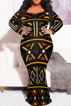 Black Yellow Graphics Print O Neck Long Sleeve Fishtail Hem Plus Size Bodycon Maxi Dresses