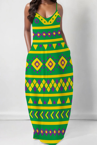 Green Yellow Casual Geometric Print Backless Spaghetti Strap Floor Length Vacation Baggy Sundress Slip Maxi Dress