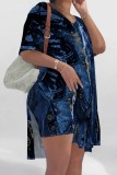 Blue Apricot Casual Abstract Colorblock Print Slit V Neck Long Sleeve T-shirt and Skinny Shorts Two Pieces Matching Sets