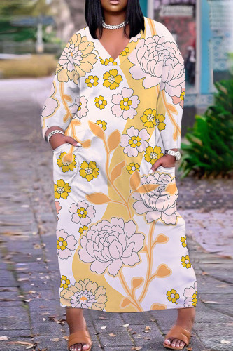 Apricot Casual Graphic Leaf Print V Neck Long Sleeve Loose Fit Casual Outing Straight Loose Maxi Dress