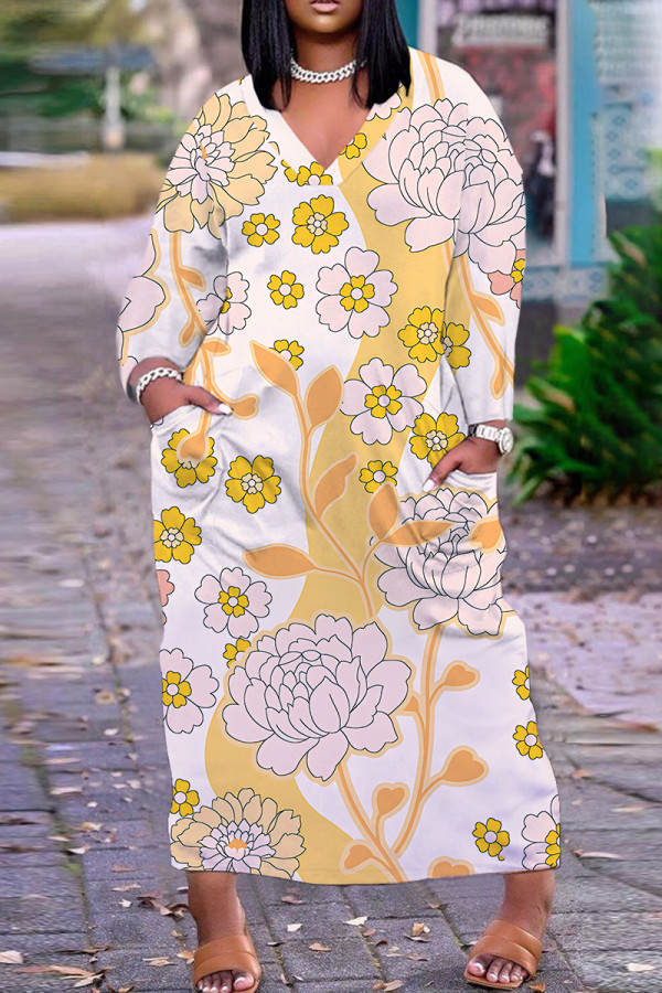 Apricot Casual Graphic Leaf Print V Neck Long Sleeve Loose Fit Casual Outing Straight Loose Maxi Dress
