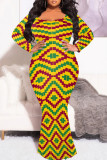 Light Khaki Graphics Print O Neck Long Sleeve Fishtail Hem Plus Size Bodycon Maxi Dresses