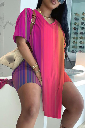 Stripe Casual Abstract Butterfly Print Slit V Neck Long Sleeve T-shirt and Skinny Shorts Two Pieces Matching Sets